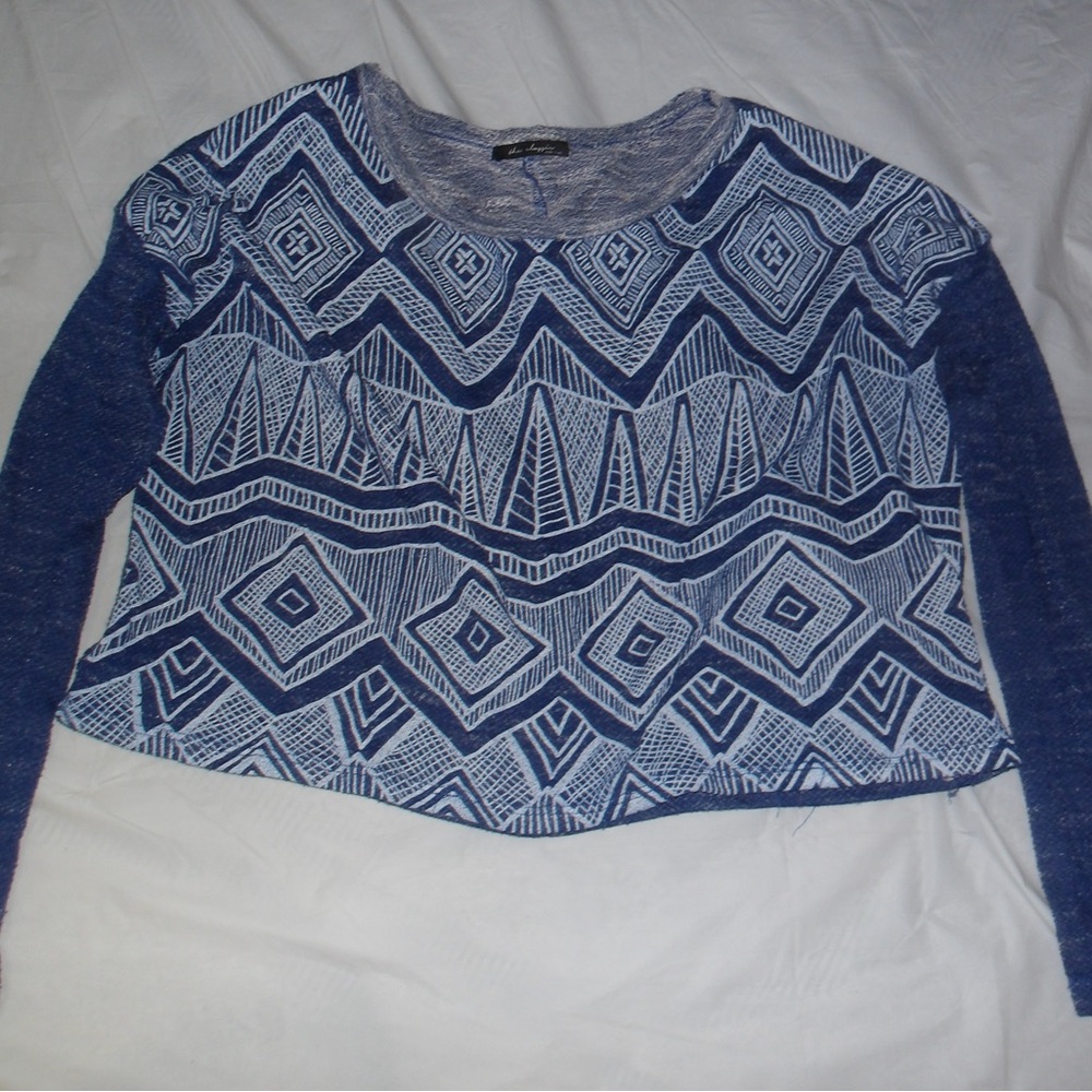 Classic Blue and White Geometric Long Sleeve Crop Top